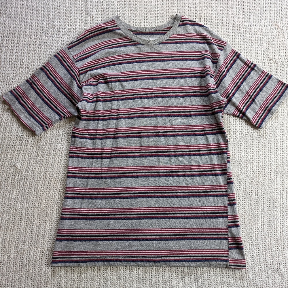 VTG FRANK T-Shirt FLAW Men Large Gray Blue Red Striped Short Sleeve USA Made
